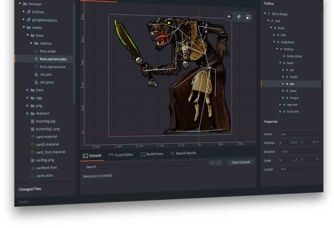 Judian editor working with skeletal animation content